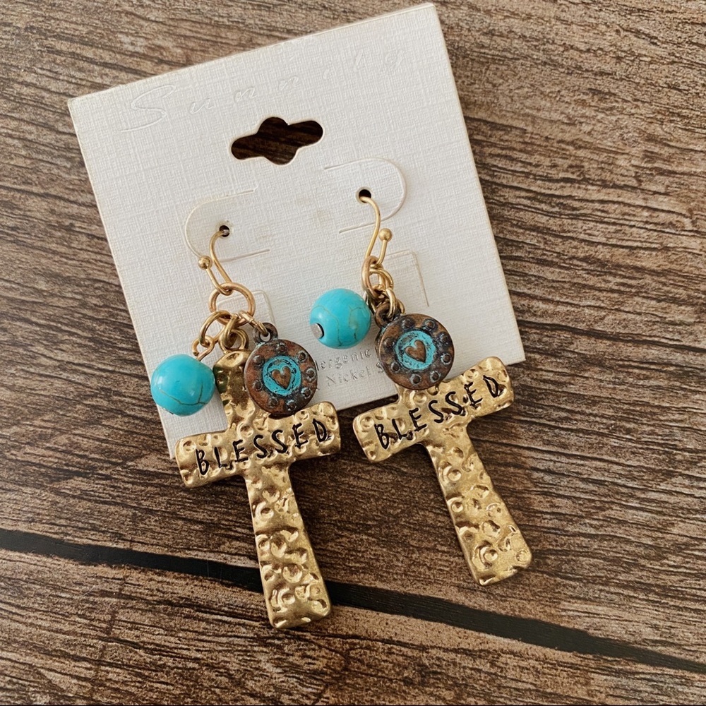 Sunnity Boutique Gold Dangle Cross Earrings “Blessed” Blue Bead Jewelry Faith